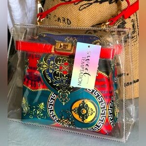 Clear Satchel w/Red Handle & Crossbody Strap & Inner Removable Cosmetic Bag NWT!